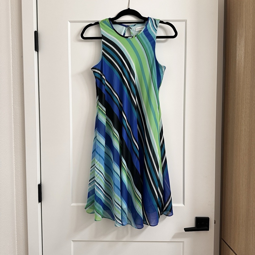 Calvin Klein Women's Blue Green Striped Chiffon Lined Trapeze Dress Size 6